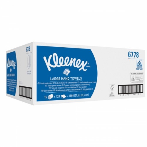 Kleenex rankų valymo servetėlės baltos, 2 sl., servetėlė 31,8x21,5 cm, pakelyje 124 vnt. Pakuotėje 15 pakelių